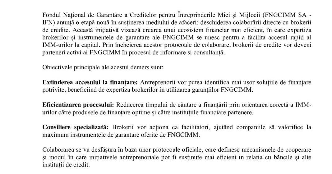 (P) FNGCIMM deschide colaborarea cu brokerii de credite pentru a accelera finanțarea IMM-urilor